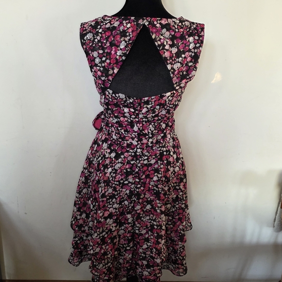 WHBM Floral Pink and Black Fit-and-Flare Ruffle Midi Dress Size 4 Cut-out Back. - Picture 3 of 13